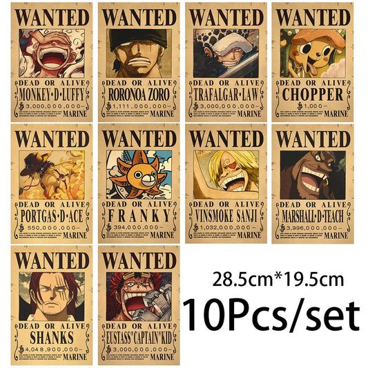 9/13pcs Anime One Piece Luffy Wanted Vintage Posters Set for Room Wall Decoration Cartoons Zoro Wanted Painting Stickers Toys Gift